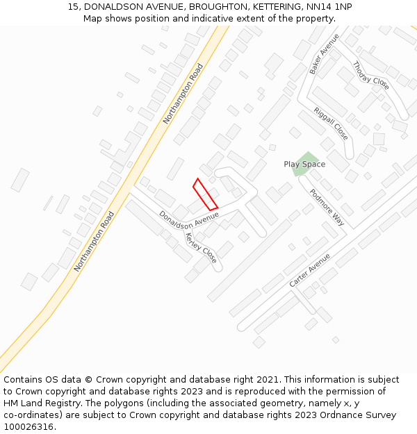 15, DONALDSON AVENUE, BROUGHTON, KETTERING, NN14 1NP: Location map and indicative extent of plot