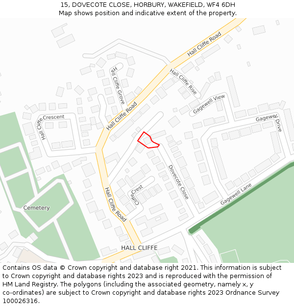 15, DOVECOTE CLOSE, HORBURY, WAKEFIELD, WF4 6DH: Location map and indicative extent of plot