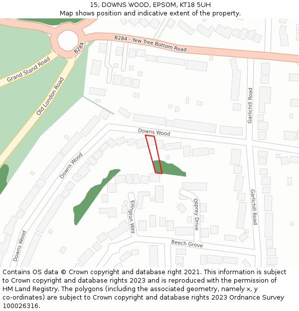15, DOWNS WOOD, EPSOM, KT18 5UH: Location map and indicative extent of plot