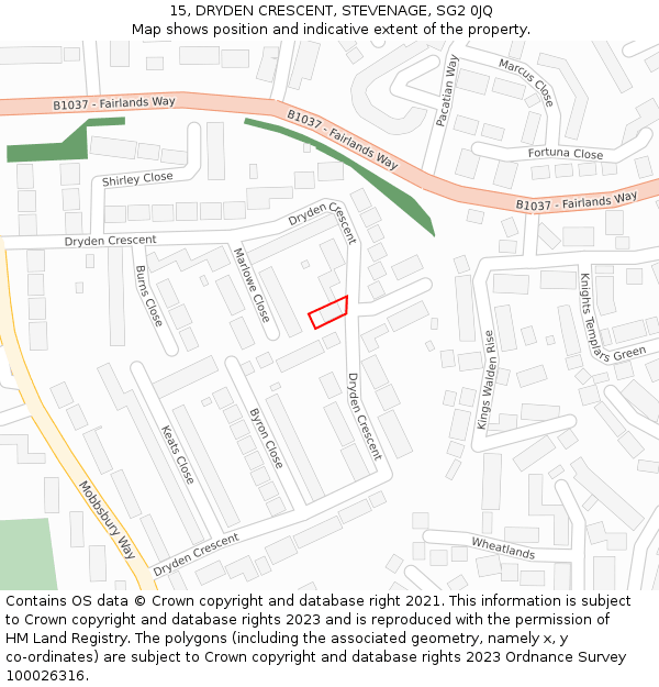 15, DRYDEN CRESCENT, STEVENAGE, SG2 0JQ: Location map and indicative extent of plot