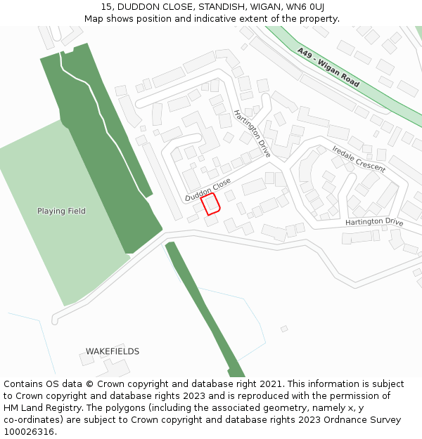 15, DUDDON CLOSE, STANDISH, WIGAN, WN6 0UJ: Location map and indicative extent of plot