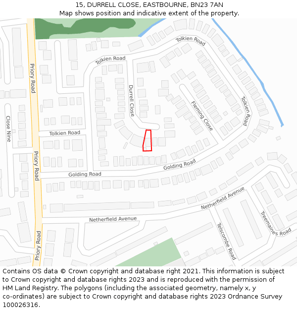 15, DURRELL CLOSE, EASTBOURNE, BN23 7AN: Location map and indicative extent of plot