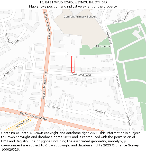 15, EAST WYLD ROAD, WEYMOUTH, DT4 0RP: Location map and indicative extent of plot