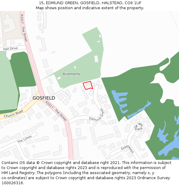 15, EDMUND GREEN, GOSFIELD, HALSTEAD, CO9 1UF: Location map and indicative extent of plot