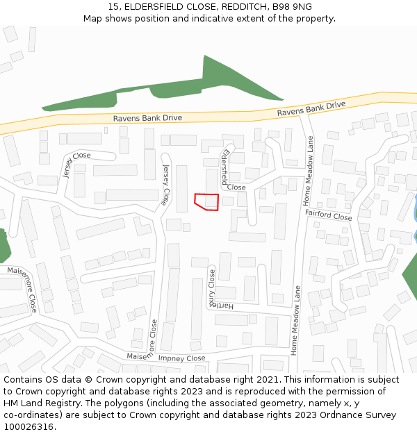 15, ELDERSFIELD CLOSE, REDDITCH, B98 9NG: Location map and indicative extent of plot