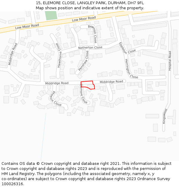 15, ELEMORE CLOSE, LANGLEY PARK, DURHAM, DH7 9FL: Location map and indicative extent of plot