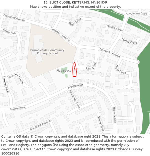 15, ELIOT CLOSE, KETTERING, NN16 9XR: Location map and indicative extent of plot
