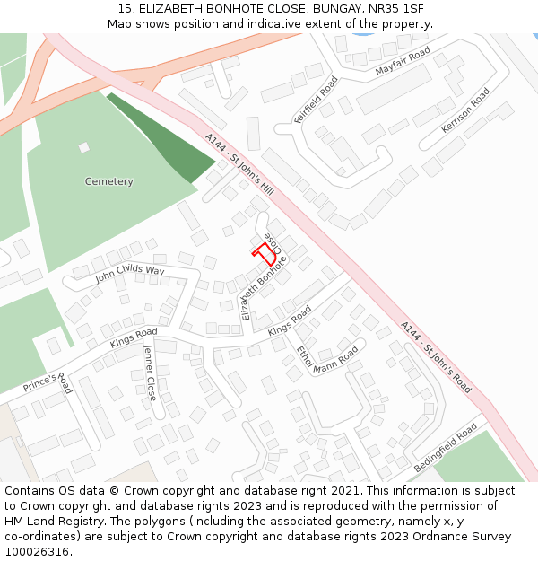 15, ELIZABETH BONHOTE CLOSE, BUNGAY, NR35 1SF: Location map and indicative extent of plot