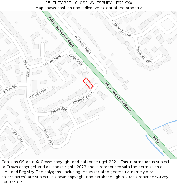 15, ELIZABETH CLOSE, AYLESBURY, HP21 9XX: Location map and indicative extent of plot