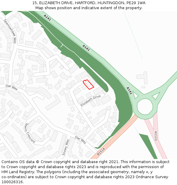 15, ELIZABETH DRIVE, HARTFORD, HUNTINGDON, PE29 1WA: Location map and indicative extent of plot