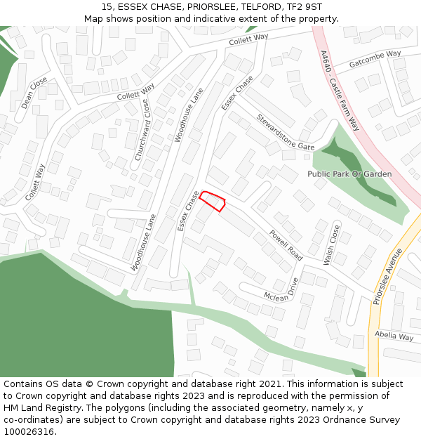 15, ESSEX CHASE, PRIORSLEE, TELFORD, TF2 9ST: Location map and indicative extent of plot