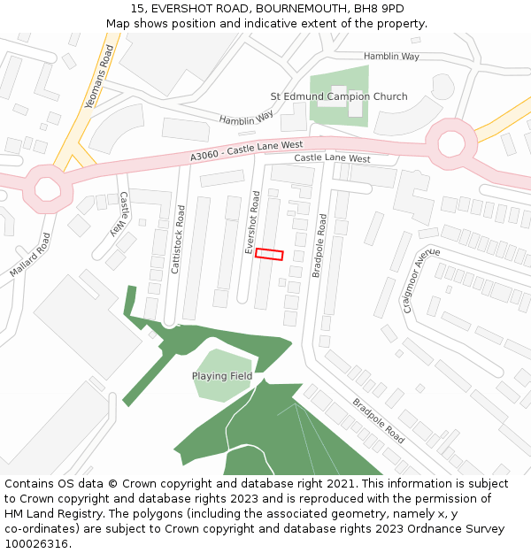15, EVERSHOT ROAD, BOURNEMOUTH, BH8 9PD: Location map and indicative extent of plot