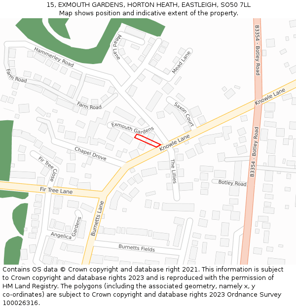 15, EXMOUTH GARDENS, HORTON HEATH, EASTLEIGH, SO50 7LL: Location map and indicative extent of plot