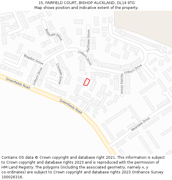15, FAIRFIELD COURT, BISHOP AUCKLAND, DL14 9TG: Location map and indicative extent of plot