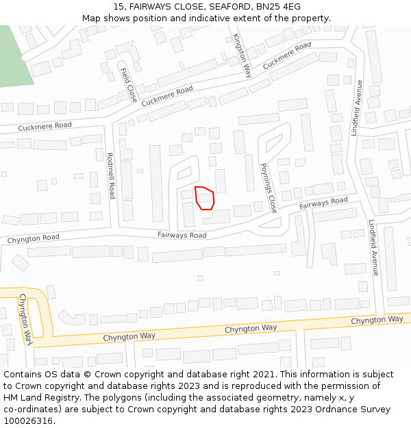 15, FAIRWAYS CLOSE, SEAFORD, BN25 4EG: Location map and indicative extent of plot