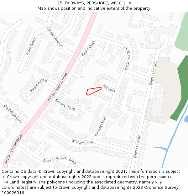 15, FAIRWAYS, PERSHORE, WR10 1HA: Location map and indicative extent of plot