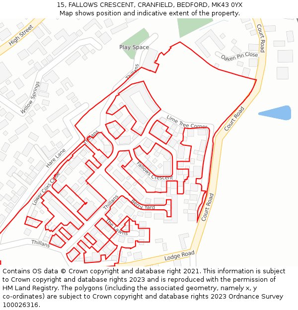 15, FALLOWS CRESCENT, CRANFIELD, BEDFORD, MK43 0YX: Location map and indicative extent of plot