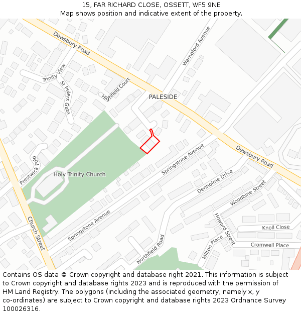 15, FAR RICHARD CLOSE, OSSETT, WF5 9NE: Location map and indicative extent of plot