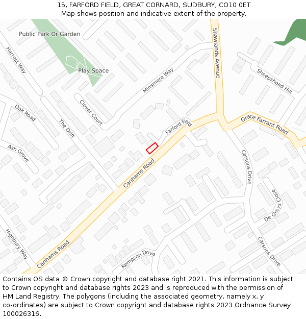 15, FARFORD FIELD, GREAT CORNARD, SUDBURY, CO10 0ET: Location map and indicative extent of plot