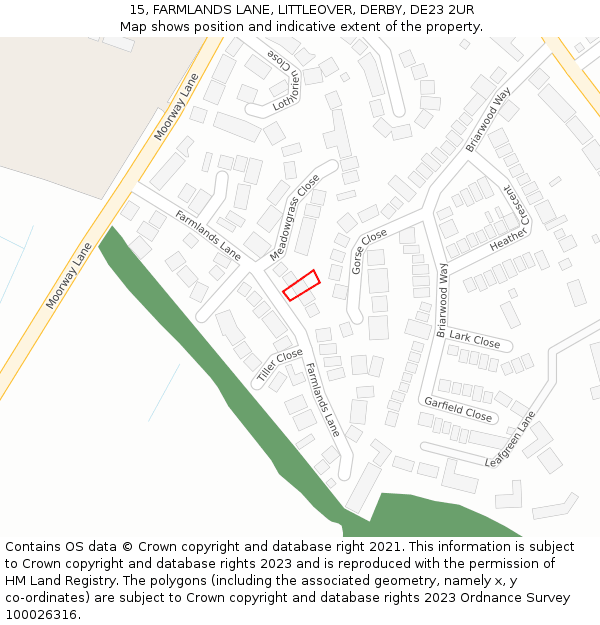 15, FARMLANDS LANE, LITTLEOVER, DERBY, DE23 2UR: Location map and indicative extent of plot