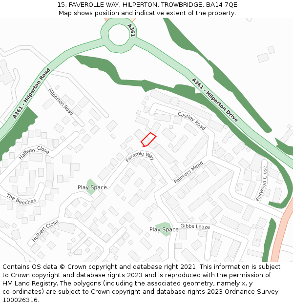 15, FAVEROLLE WAY, HILPERTON, TROWBRIDGE, BA14 7QE: Location map and indicative extent of plot