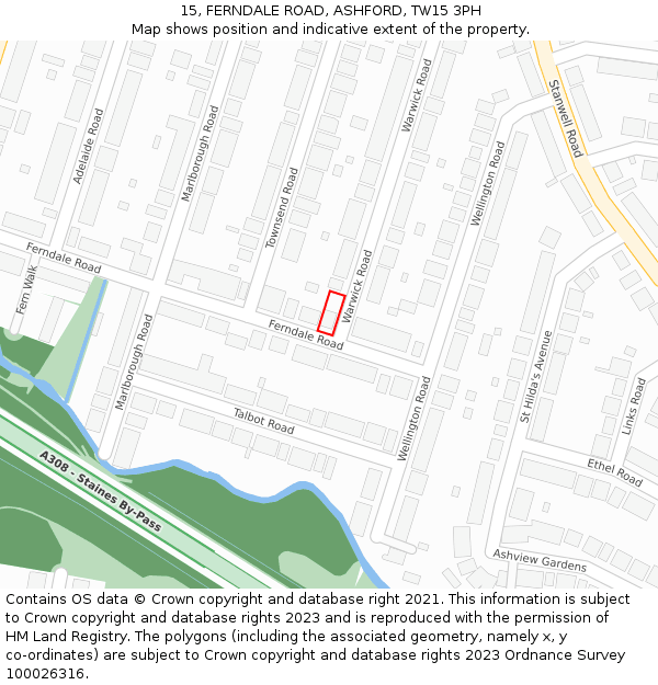 15, FERNDALE ROAD, ASHFORD, TW15 3PH: Location map and indicative extent of plot