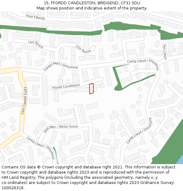 15, FFORDD CANDLESTON, BRIDGEND, CF31 5DU: Location map and indicative extent of plot