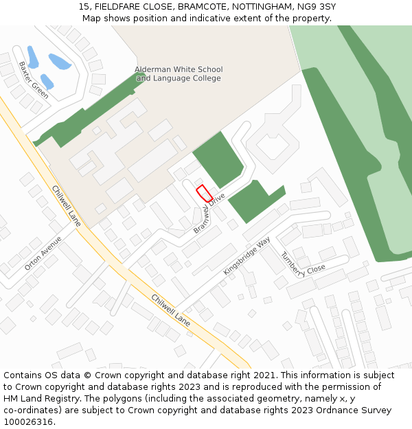 15, FIELDFARE CLOSE, BRAMCOTE, NOTTINGHAM, NG9 3SY: Location map and indicative extent of plot