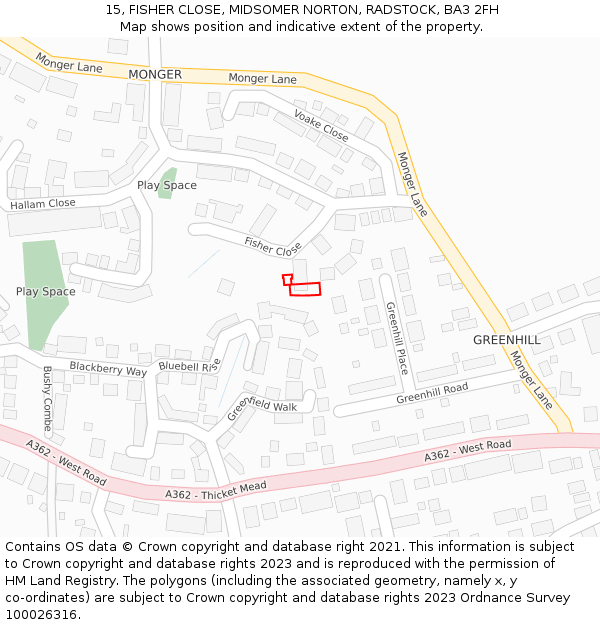 15, FISHER CLOSE, MIDSOMER NORTON, RADSTOCK, BA3 2FH: Location map and indicative extent of plot