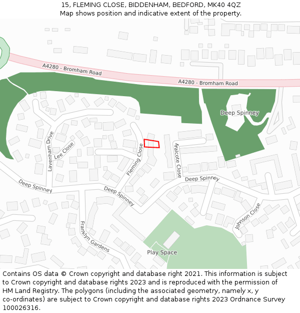 15, FLEMING CLOSE, BIDDENHAM, BEDFORD, MK40 4QZ: Location map and indicative extent of plot