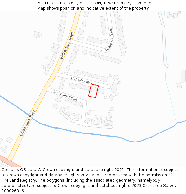 15, FLETCHER CLOSE, ALDERTON, TEWKESBURY, GL20 8PA: Location map and indicative extent of plot