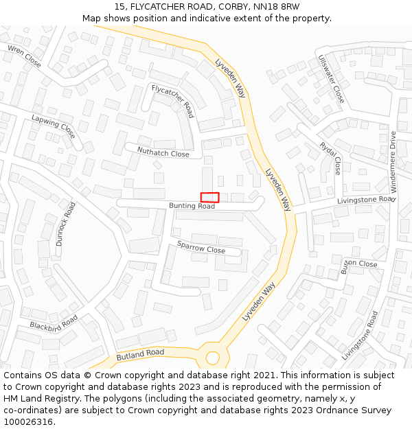 15, FLYCATCHER ROAD, CORBY, NN18 8RW: Location map and indicative extent of plot