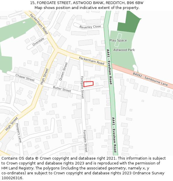 15, FOREGATE STREET, ASTWOOD BANK, REDDITCH, B96 6BW: Location map and indicative extent of plot
