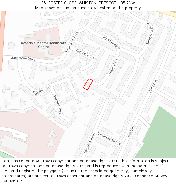 15, FOSTER CLOSE, WHISTON, PRESCOT, L35 7NW: Location map and indicative extent of plot