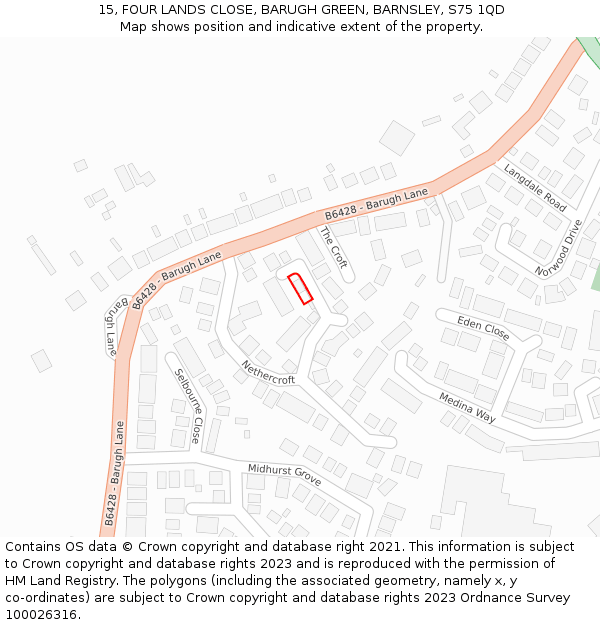 15, FOUR LANDS CLOSE, BARUGH GREEN, BARNSLEY, S75 1QD: Location map and indicative extent of plot