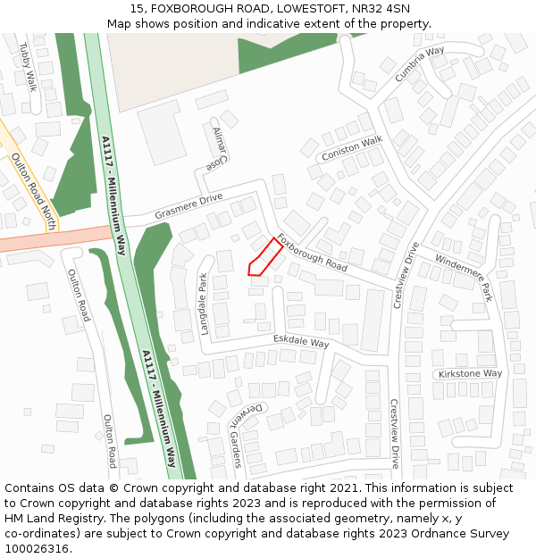15, FOXBOROUGH ROAD, LOWESTOFT, NR32 4SN: Location map and indicative extent of plot