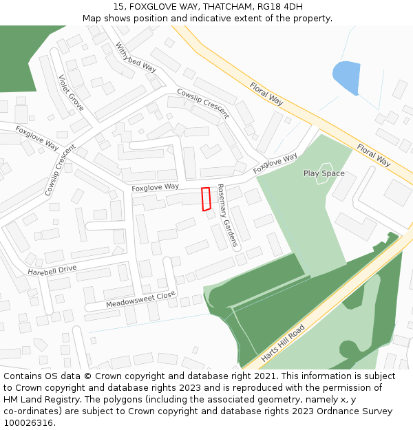 15, FOXGLOVE WAY, THATCHAM, RG18 4DH: Location map and indicative extent of plot