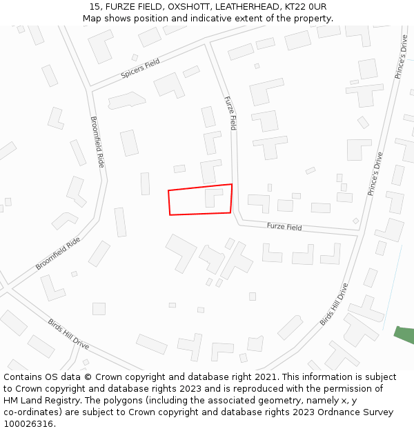 15, FURZE FIELD, OXSHOTT, LEATHERHEAD, KT22 0UR: Location map and indicative extent of plot