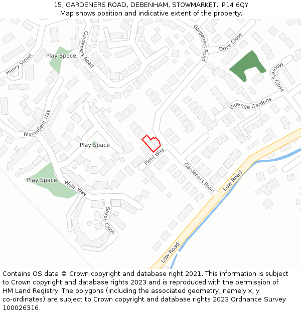 15, GARDENERS ROAD, DEBENHAM, STOWMARKET, IP14 6QY: Location map and indicative extent of plot