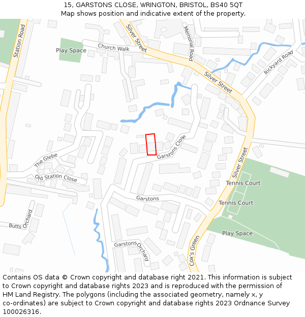 15, GARSTONS CLOSE, WRINGTON, BRISTOL, BS40 5QT: Location map and indicative extent of plot