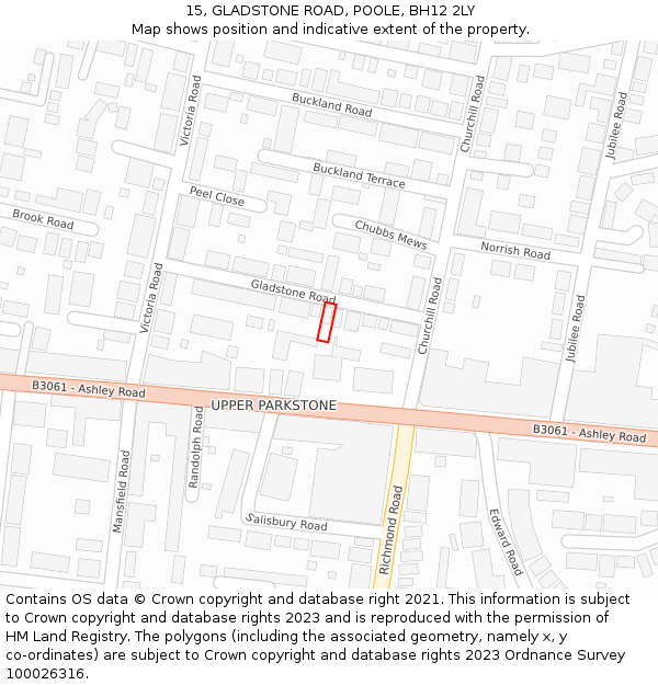 15, GLADSTONE ROAD, POOLE, BH12 2LY: Location map and indicative extent of plot