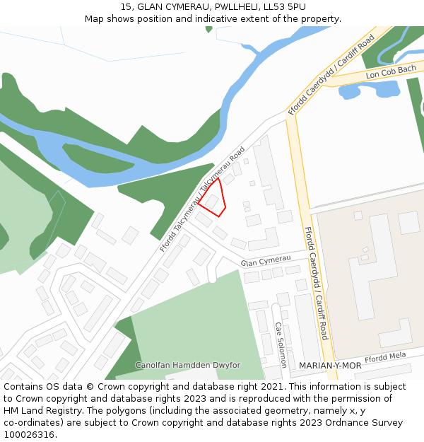 15, GLAN CYMERAU, PWLLHELI, LL53 5PU: Location map and indicative extent of plot