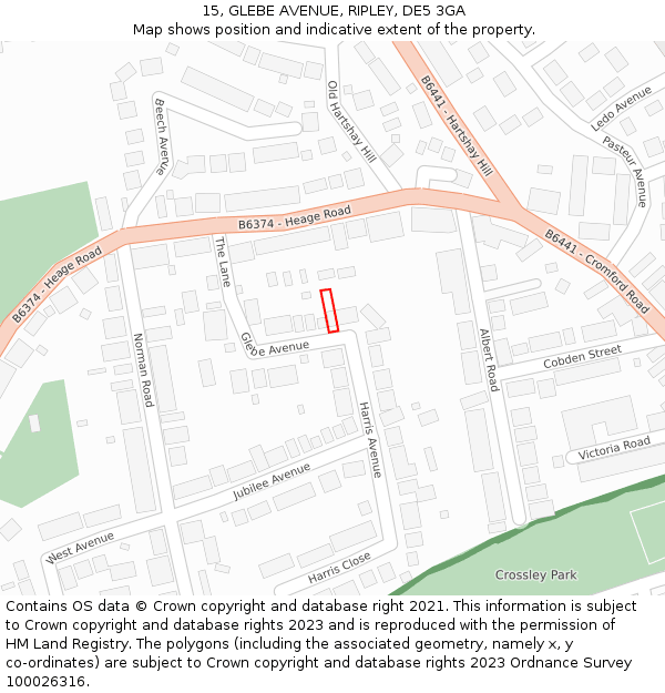 15, GLEBE AVENUE, RIPLEY, DE5 3GA: Location map and indicative extent of plot