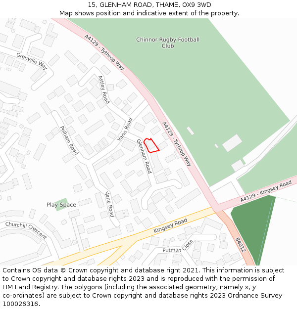 15, GLENHAM ROAD, THAME, OX9 3WD: Location map and indicative extent of plot