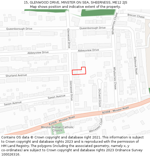 15, GLENWOOD DRIVE, MINSTER ON SEA, SHEERNESS, ME12 2JS: Location map and indicative extent of plot