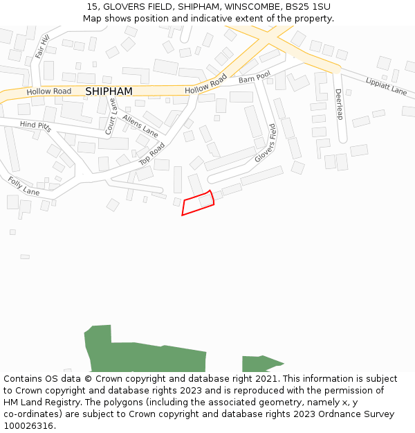 15, GLOVERS FIELD, SHIPHAM, WINSCOMBE, BS25 1SU: Location map and indicative extent of plot