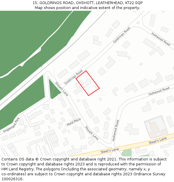 15, GOLDRINGS ROAD, OXSHOTT, LEATHERHEAD, KT22 0QP: Location map and indicative extent of plot