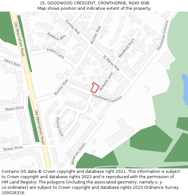 15, GOODWOOD CRESCENT, CROWTHORNE, RG45 6NB: Location map and indicative extent of plot