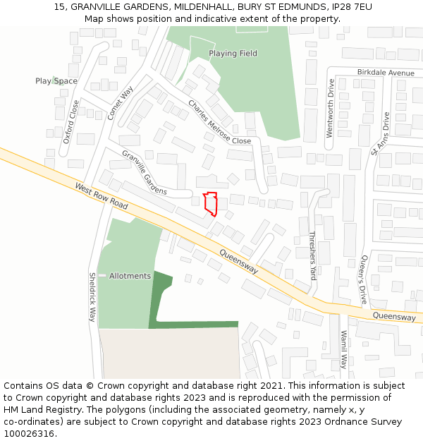 15, GRANVILLE GARDENS, MILDENHALL, BURY ST EDMUNDS, IP28 7EU: Location map and indicative extent of plot
