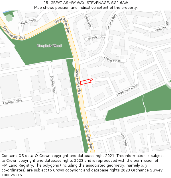 15, GREAT ASHBY WAY, STEVENAGE, SG1 6AW: Location map and indicative extent of plot
